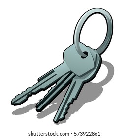 A bunch of metal keys isolated on white background. Cartoon vector illustration close-up.