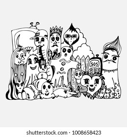 A bunch of monsters. A vector illustration, a cartoon, a doodle
