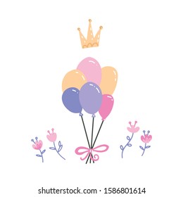 Bunch of multicolor balloons with crown and flowers.Party hand drawn accessories. Birthday, anniversary celebration decoration. Isolated clipart for greeting card, invitation.Vector flat illustration.