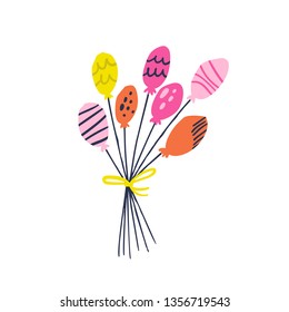 Bunch of multicolor balloons vector illustration. Party hand drawn accessories. Birthday, anniversary celebration decoration. Isolated flat clipart for greeting card, invitation. Lines,  dots ornament