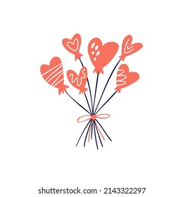 Montón de corazones multicolor globos ilustración vectorial. Bonitos accesorios dibujados a mano. Boda, decoración de celebración de aniversario. Clíparte plana aislada para tarjeta de felicitación, invitación.