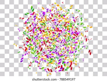 Bunch multicolor Valentines day foil holiday confetti. Round pile transparent background. Shine vector party illustration. Birthday carnival glitter. Shiny design banner glowing invitation card.