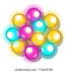 A bunch of multicolored glowing Christmas lights of garland isolated on white background. Sample of poster, party holiday invitation, festive card. Vector cartoon close-up illustration.