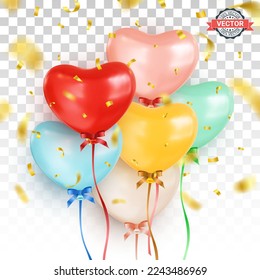Bunch of multicolored helium balloons in the shape of a heart on transparent background. Heart icons in different colors. Valentines Day greeting card design elements. Realistic 3D vector illustration