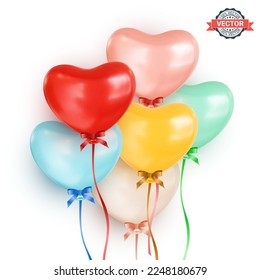 Bunch of multicolored helium balloons in the shape of a heart on white background. Heart icons in different colors. Valentines Day greeting card design elements. Realistic 3D vector illustration