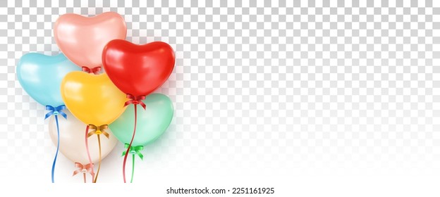 Montón de globos de helio multicolores en forma de corazón sobre fondo transparente con un espacio vacío a la derecha. Iconos del corazón con colores diferentes. Elementos de diseño de tarjetas de felicitación de San Valentín Day