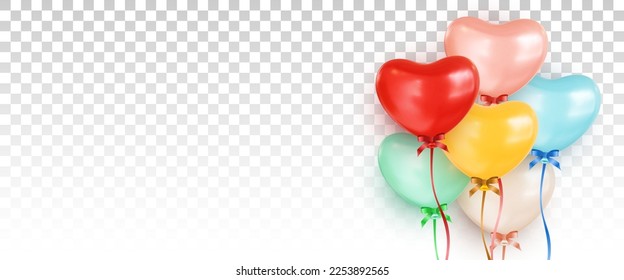 Montón de globos de helio multicolores en forma de corazón sobre fondo transparente con un espacio vacío a la izquierda. Iconos del corazón con colores diferentes. Elementos de diseño de tarjetas de felicitación de San Valentín Day