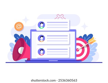 Um monte de novos e-mails são mostrados na tela do laptop, ilustração plana de marketing por e-mail, estratégia de negócios on-line, publicidade, boletim informativo por e-mail, mensagens, conceito de material de marketing