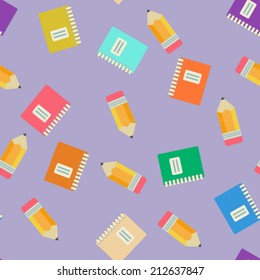 Bunch of notebooks and pencils seamless vector pattern