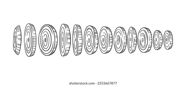 Bunch of onion round slices isolated on white. Sketch onion illustration. Vector onion rings. Chopped leek.