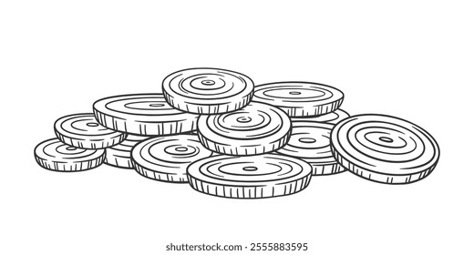 Bunch of onion round slices isolated on white. Sketch onion illustration. Vector onion rings. Chopped leek.