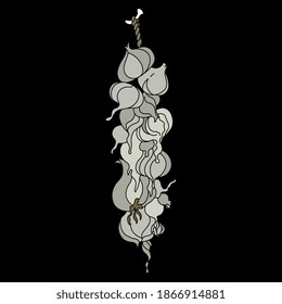 Bunch of onions hanging on a nail. Hand drawn art. Monochrome silhouette.
