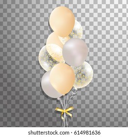 Bunch of orange, silver, white with confetti helium balloon isolated in the air. Party decorations for birthday, anniversary, celebration, wedding, event design. vector.  
