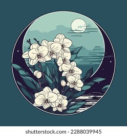 A bunch of Orchid moon flower with buds. Vector images