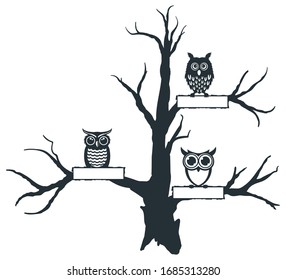 a bunch of owl perch in a tree branch vector illustration design template