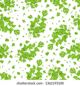 Bunch of parsley pattern with chopped parsley, healthy full of vitamins greens isolated on white background. Vector cartoon illustration