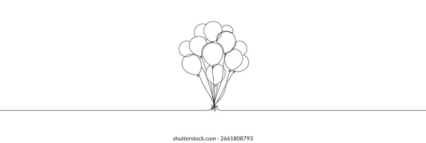 Bando de balões de festa desenho contínuo de uma linha. Balão de decoração. Ilustração vetorial.
