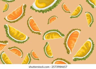 a bunch of peeled ripe durian halves spaced apart on a brown background