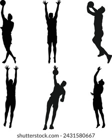 A Bunch of people playing beach volleyball silhouette