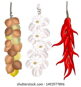 A bunch of pepper, bow and garlic on a white background. Harvesting for the winter. Autumn harvest. Vector illustration