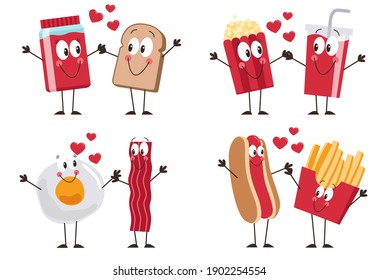 a bunch of perfect pairing combinations, like eggs and ham, french fries and hotdogs, pop corn and soda, and jam and bread