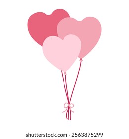 A bunch of pink balloons with hearts on them. The balloons are tied together with a ribbon. Concept of love and celebration