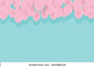 Bunch of pink balloons with light blue background. Pastel colour for Festive illustration, greeting card, poster, congratulations, birthday, anniversary. object isolated. vector illustration