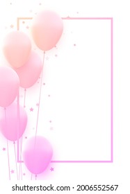 Bunch of pink balloons with square frame. Stars confetti. Space for text. Vector festive illustration.