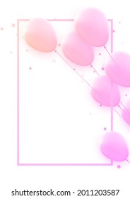 Bunch of pink balloons with square frame. Stars confetti. Space for text. Vector festive illustration.