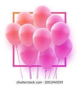 Bunch of pink balloons with square frame. Vector festive illustration.