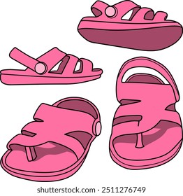 Un montón de sandalias para niños rosas