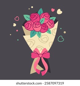 Bunch of pink flowers wrapped in paper with pink ribbon, hearts. Bouquet of roses. Present concept. Buds of roses. Floral design for spring holidays, greeting cards. Flat vector illustration