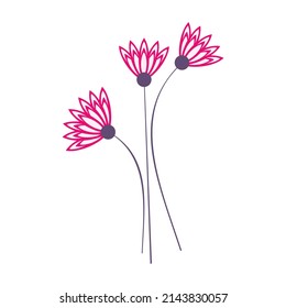 Bunch of pink geometric flowers vector set isolated on white. Colored illustration in flat style. Floral design element for print, background, banner or card.