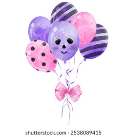 Ein Haufen rosa und violetter Ballons mit schwarzen Streifen und Tupfen in einer Schleife gebunden. Vektorgrafik mit Aquarell für das Halloween-Design.  