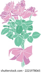 Bunch of pink roses with ribbon realistic composition on the white background. Vector illustration.