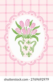 Bunch of pink tulips in a decorative pitcher vase. Floral arrangement in charming pink scalloped oval frame on soft pink gingham plaid background, perfect for Mother's Day, spring celebrations.