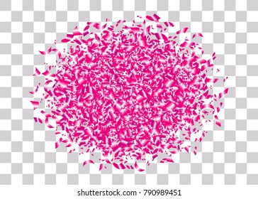 Bunch pink Valentines day foil holiday confetti. Round pile transparent background. Shine vector party illustration. Birthday carnival glitter. Shiny design banner glowing invitation card.