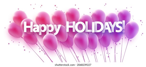 Un conjunto de globos de gradiente rosa y violeta con confeti de estrellas. Signo de feliz fiesta. Ilustración festiva vectorial.