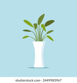 Bunch of plants in white vase, decorative foliage. Botanical decoration. Vector illustration