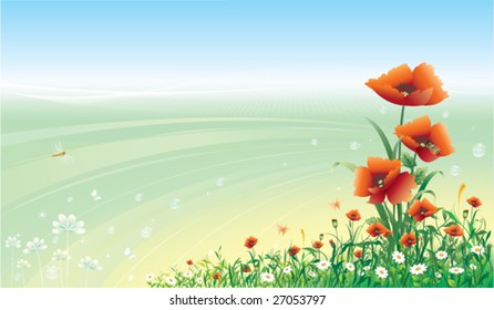 Bunch of poppies over background with bubbles