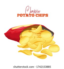 A bunch of potato chips spilled out of the package vector illustration. Crispy snack, potato in the form of crispy plates fried in vegetable oil. Pile of snack chips close-up.