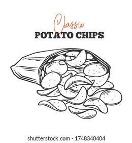 A bunch of potato chips spilled out of the package outline vector . Crispy snack, potato in the form of crispy plates fried in vegetable oil. Pile of snack chips close-up.