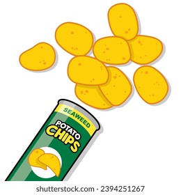 A bunch of potato chips spilled out of the can vector illustration. Crispy snack