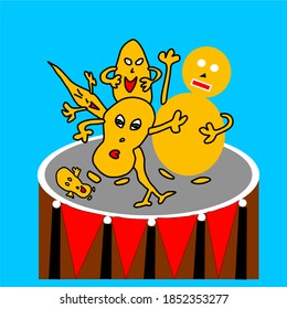 a bunch of potatoes dancing on a drum that is lying