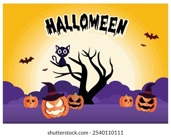 A bunch of pumpkins with bats, cats, and trees. Halloween decoration with full moon background. Halloween concept. Flat vector illustration.