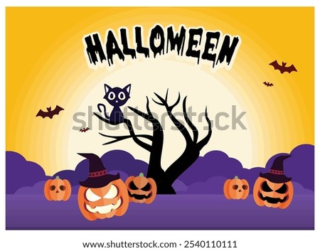 A bunch of pumpkins with bats, cats, and trees. Halloween decoration with full moon background. Halloween concept. Flat vector illustration.