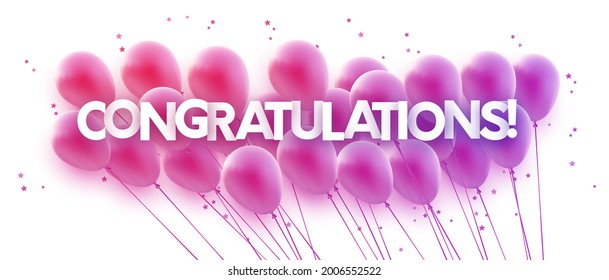Bunch of purple gradient balloons with stars confetti. Congratulations sign. Vector festive illustration.