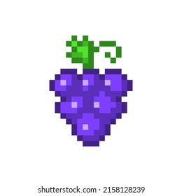 Bunch of purple pixelated grapes. Ripe blue berries on cut green stem. Sweet summer dessert and element for making wine and 8bit vector game