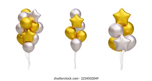 Bunch of realistic 3D golden and silver balloons. Star shape. Vector illustration decoration for card, party, design, flyer, poster, banner, web, advertising