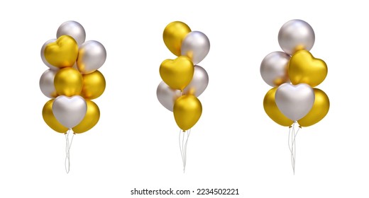 Bunch of realistic 3D golden and silver balloons, heart shape. Vector illustration decoration for card, party, design, flyer, poster, banner, web, advertising
